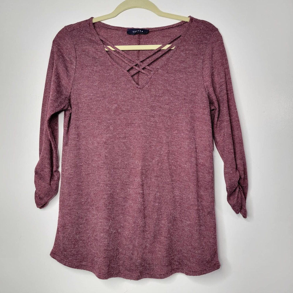 S Top Tee Shirt Blouse Burgundy Maroon Corvia Sweater Strappy neck HH